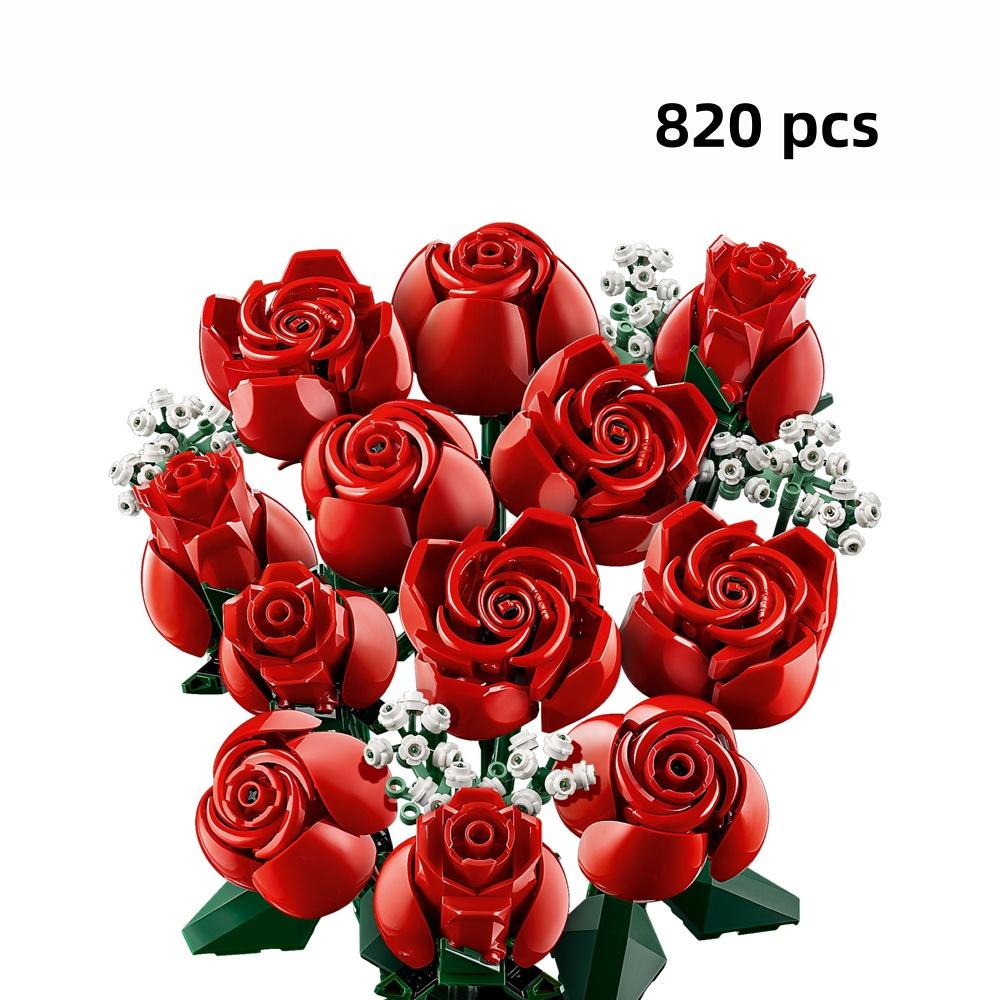 Romantisk Blomsterbukett Byggklossar Set - DIY Röd Ros, Blå Ros, Orkidé i Vas, Alla Hjärtans Dag-present med Krukväxt Lavendel
