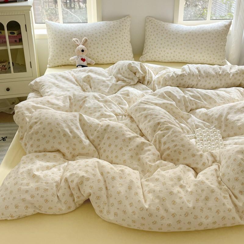 Vierteiliges Bettwäscheset mit Doppelfadendruck, hautfreundlich und atmungsaktiv, gewaschene Laken, Bettbezüge, Kissenbezüge, Sets