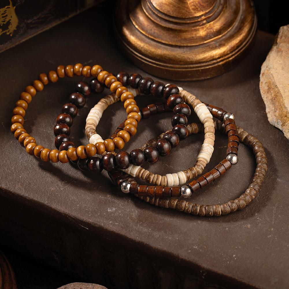 European and American Style Retro Wood Bead Coconut Shell Bracelet Hot-selling Beaded Elastic Set Bracelet Men's Spot