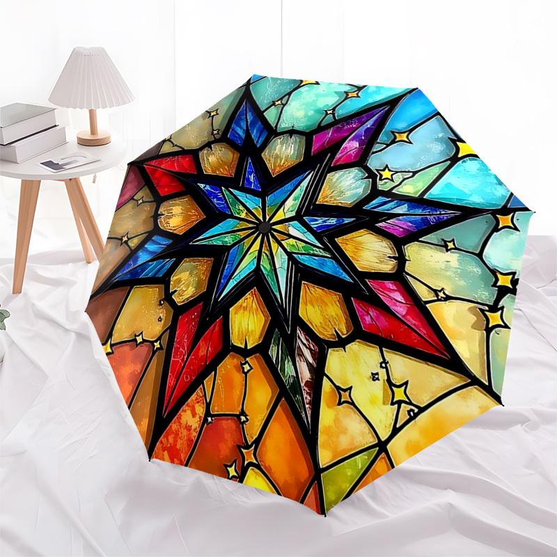 1pc Colorful Starburst Stained Glass Auto-Folding Umbrella with 3-Fold Design, 8-Bone Iron Frame - Perfect for Outdoor Use, Festive Gifts, Travel, Dai