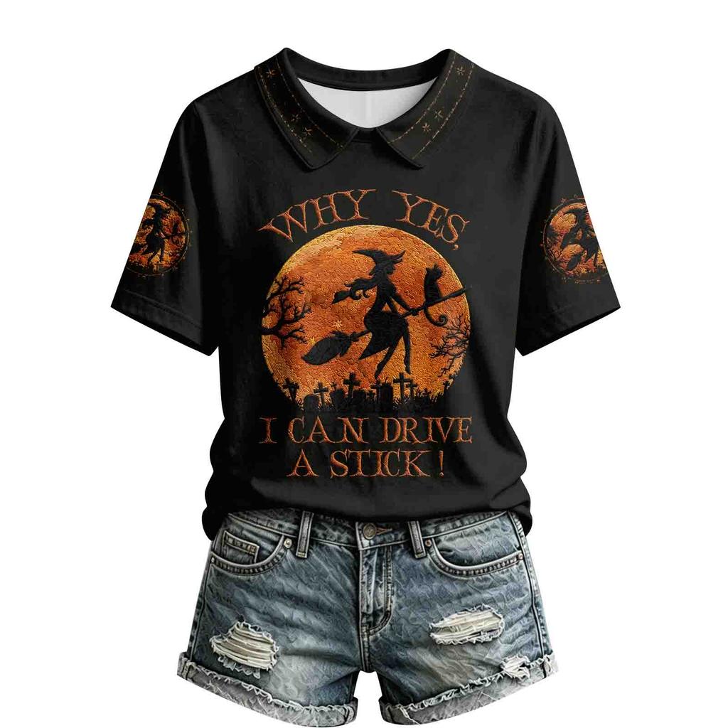 Klassisk stilig Halloween-print V-hals T-skjorte for kvinner til høstferiefest
