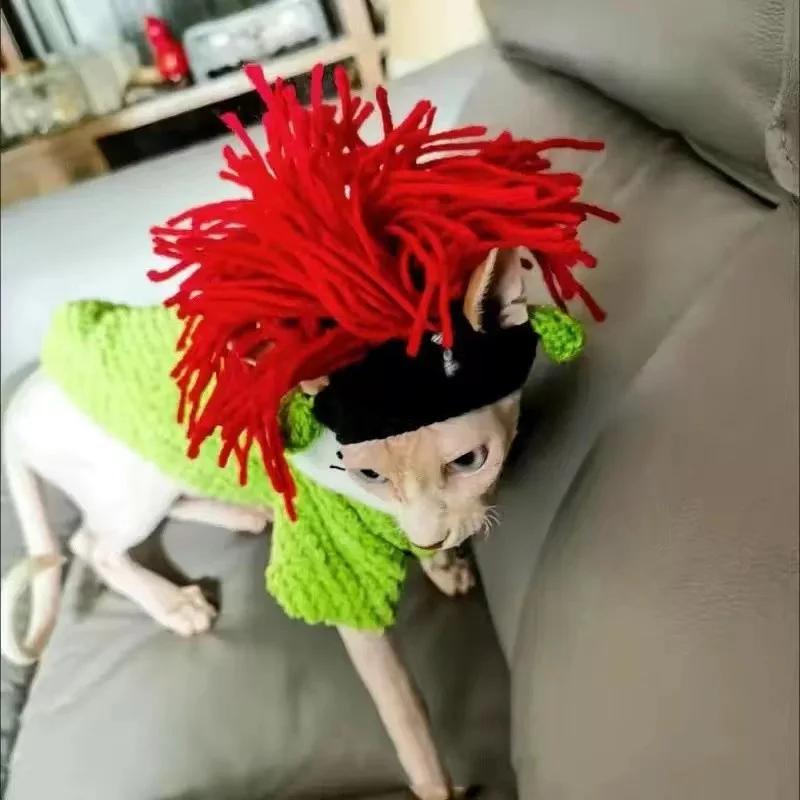 

Punk Style Winter Elastic Cotton Cat Hat With Ear Holes Refined Knitted Soft Pet Hat for Sphynx Devon Rex Kitten Hairless Cats червоний