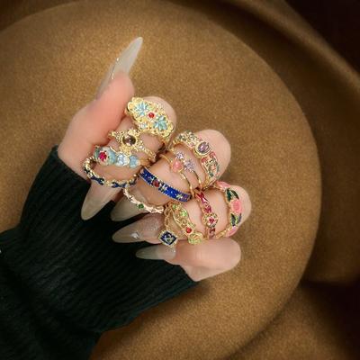 Medieval Enamel Dripping Oil Imitation Amber Eye Stone Open Ring Light Luxury High-End French Retro Niche Ring Woman