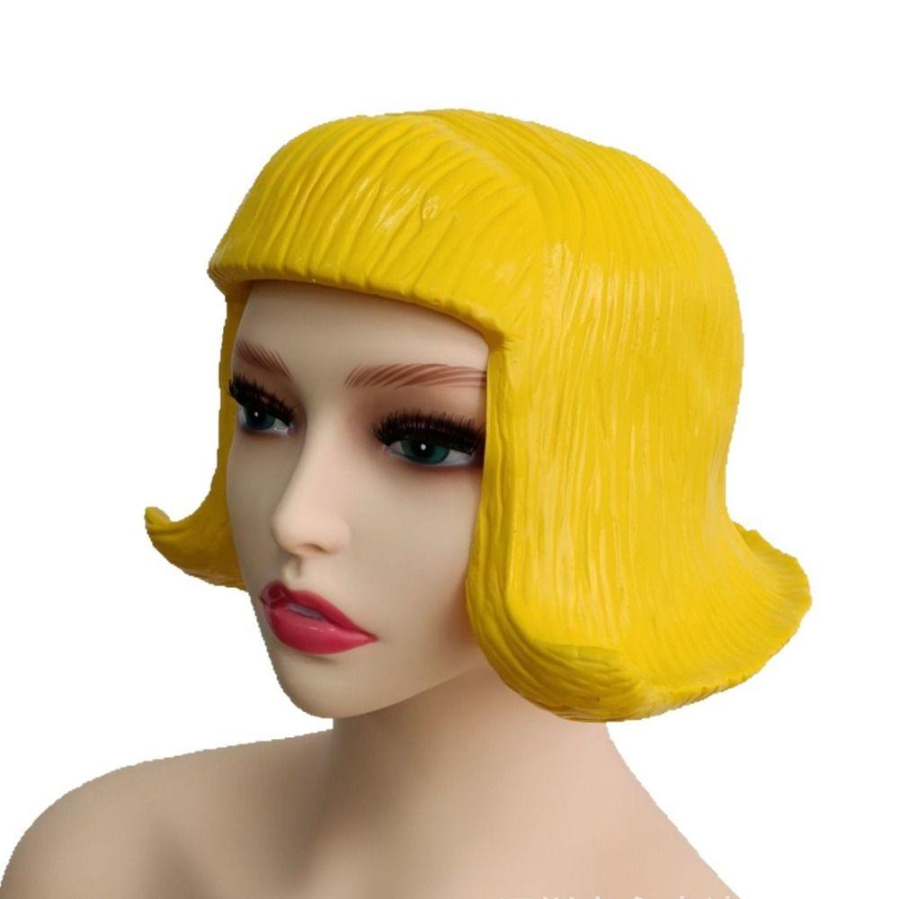 Funny Rubber Short Bob Wig Reusable Soft Colorful Hair Hats Realistic Latex Mask Role Play