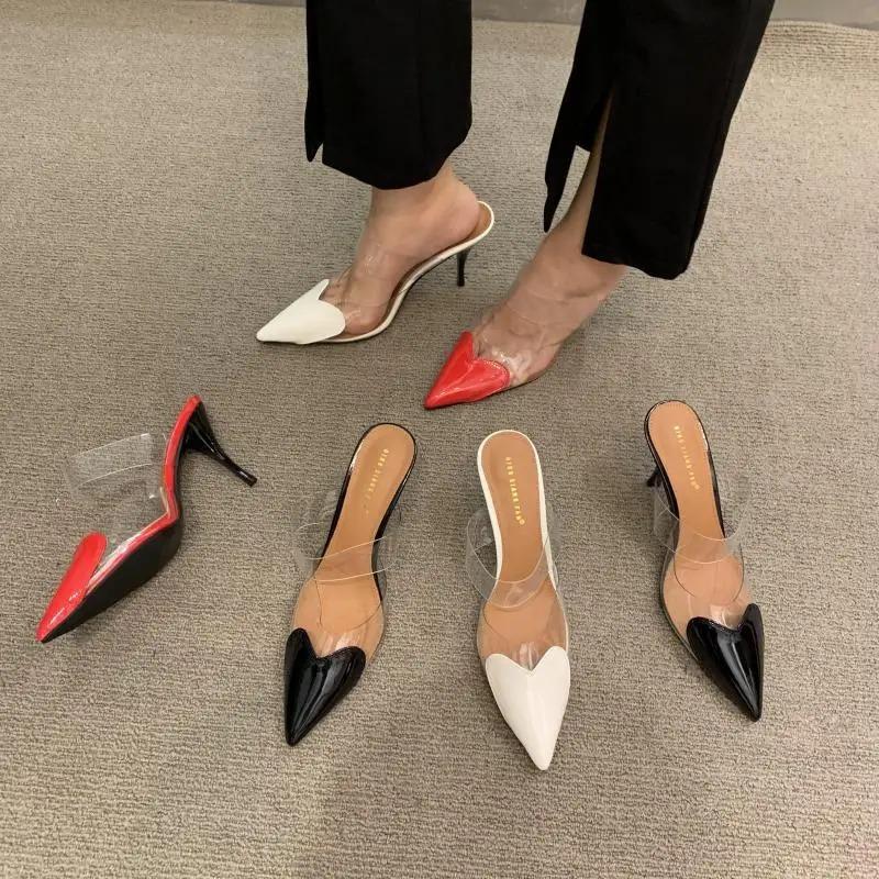 Fashion 2024Patent Leather PVC Pumps Stiletto Sandals Pointed Toe  Straps Heart Detailing At the Toes High Heel Slippers Wedding Shoes