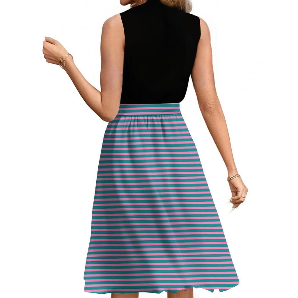 Women's Fashion Striped Printed Casual Lace-up Sleeveless Round Neck Splicing Short Dress