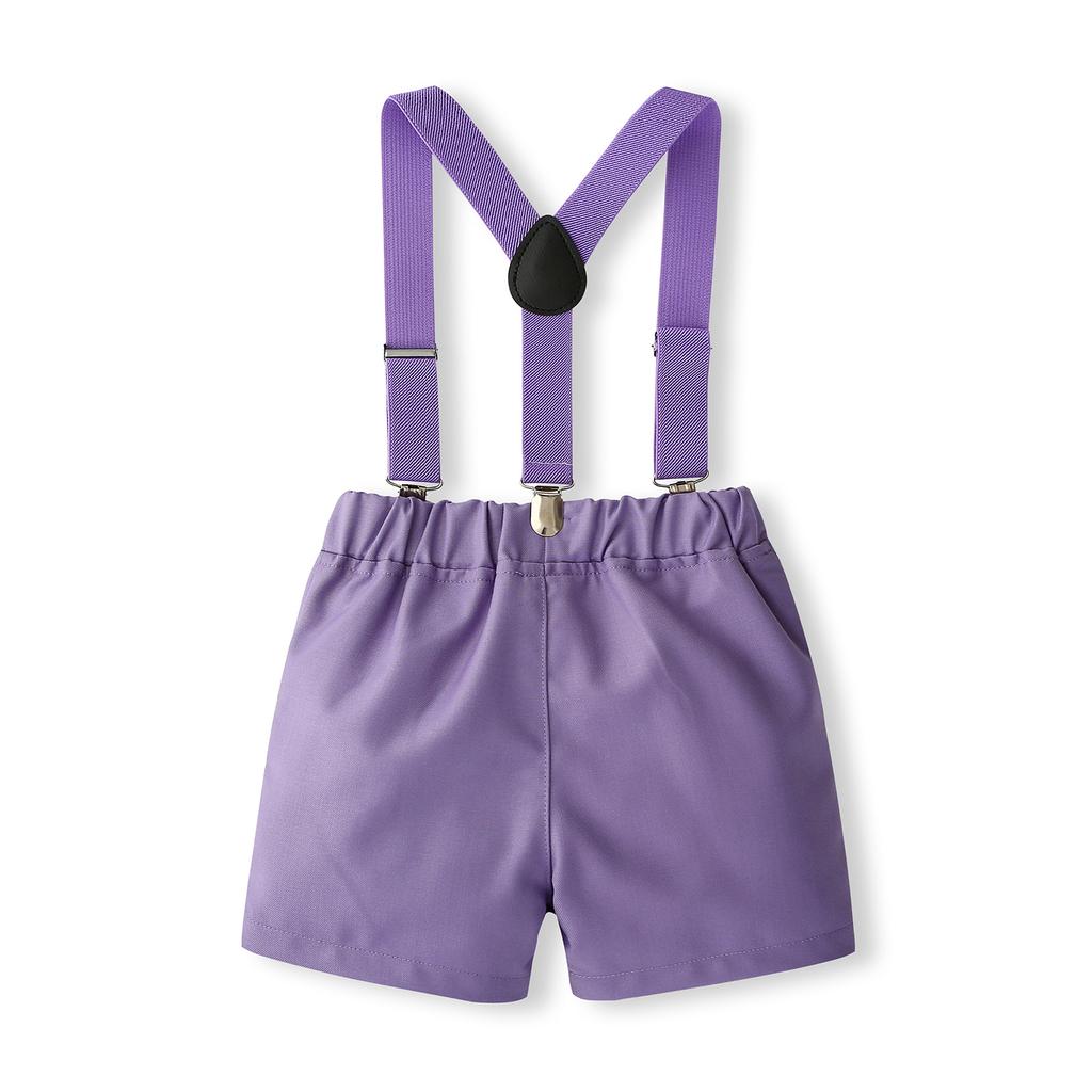 Boy Gentleman Outfit Vertical Stripe Print Short Sleeves Shirt with Bow Tie and Suspender Shorts Set for Formal Wear