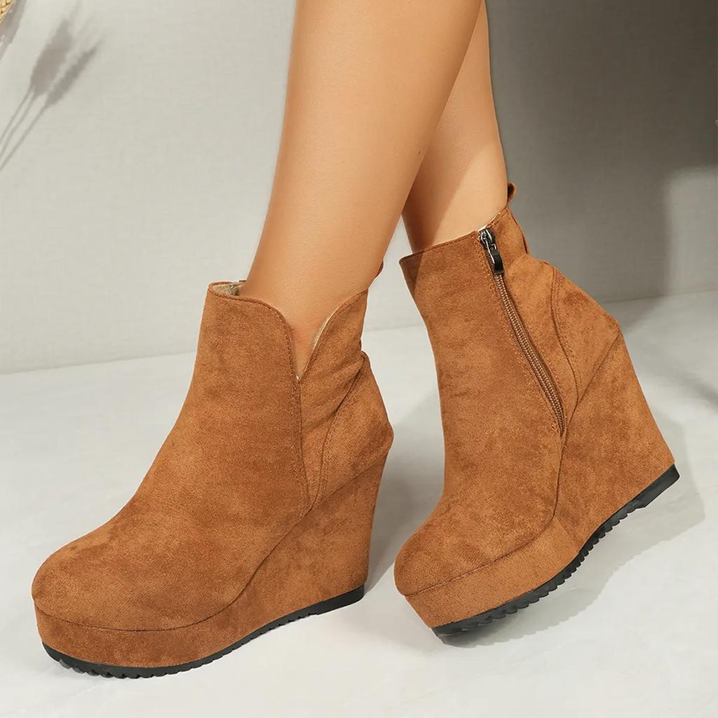 Pantofi de Toamnă și Iarnă pentru Femei, Cizme de Zăpadă cu Toc înclinat pentru Femei, Cizme la Modă în Culoare Solidă