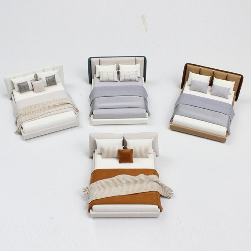 1/20 Dollhouses Bedroom Miniature Double Bed and Beddings Realistic Modern Interior Design Room Scene Display Accessory