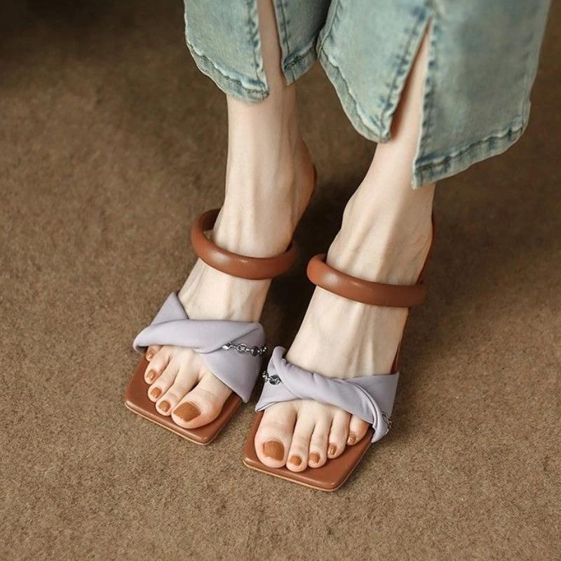 Fashion With Heel Slides Square Toe Shoes Clappers Low Price Cheap Liquidation Unique Vip 2025 Trend Women's Slippers and Ladies Sandals