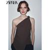 Zaprha 2025 Autumn New Gyaru Simple and Versatile Crepe Asymmetric Decorative Layer Sloping Shoulder Top 1198452