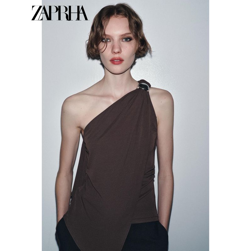 Zaprha 2025 Autumn New Gyaru Simple and Versatile Crepe Asymmetric Decorative Layer Sloping Shoulder Top 1198452