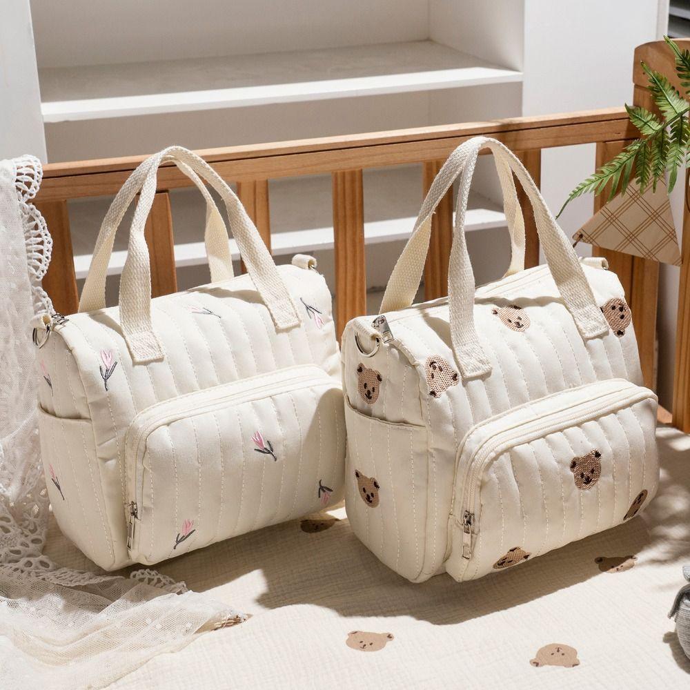 Embroidery Baby Diaper Organizer Korean Style Quilted Embroidered Shoulder Bag Mummy Bag  Outdoor