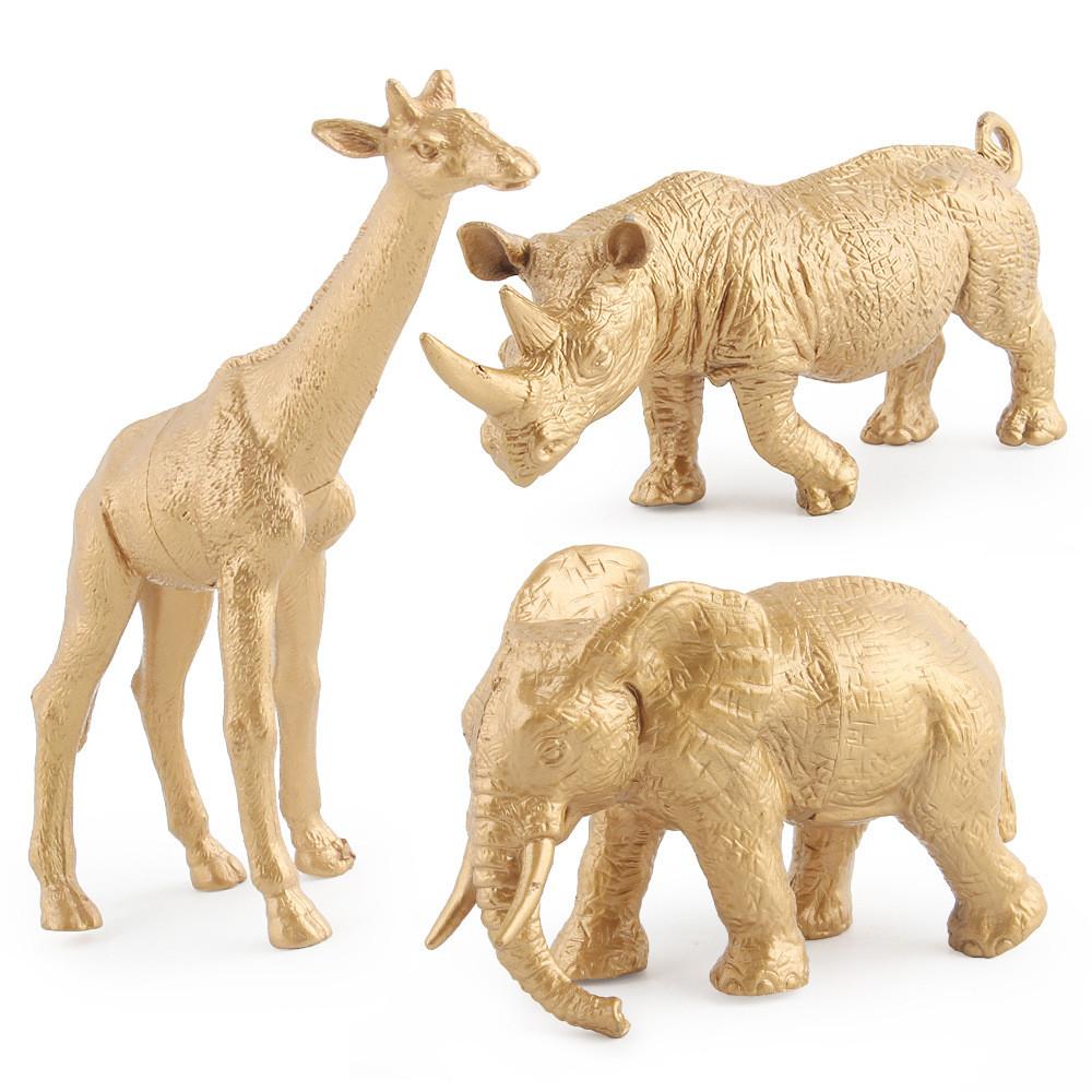 Lion Giraffe Rhinoceros Wildlife Gold Figurine Desktop Ornament Set Gift Display