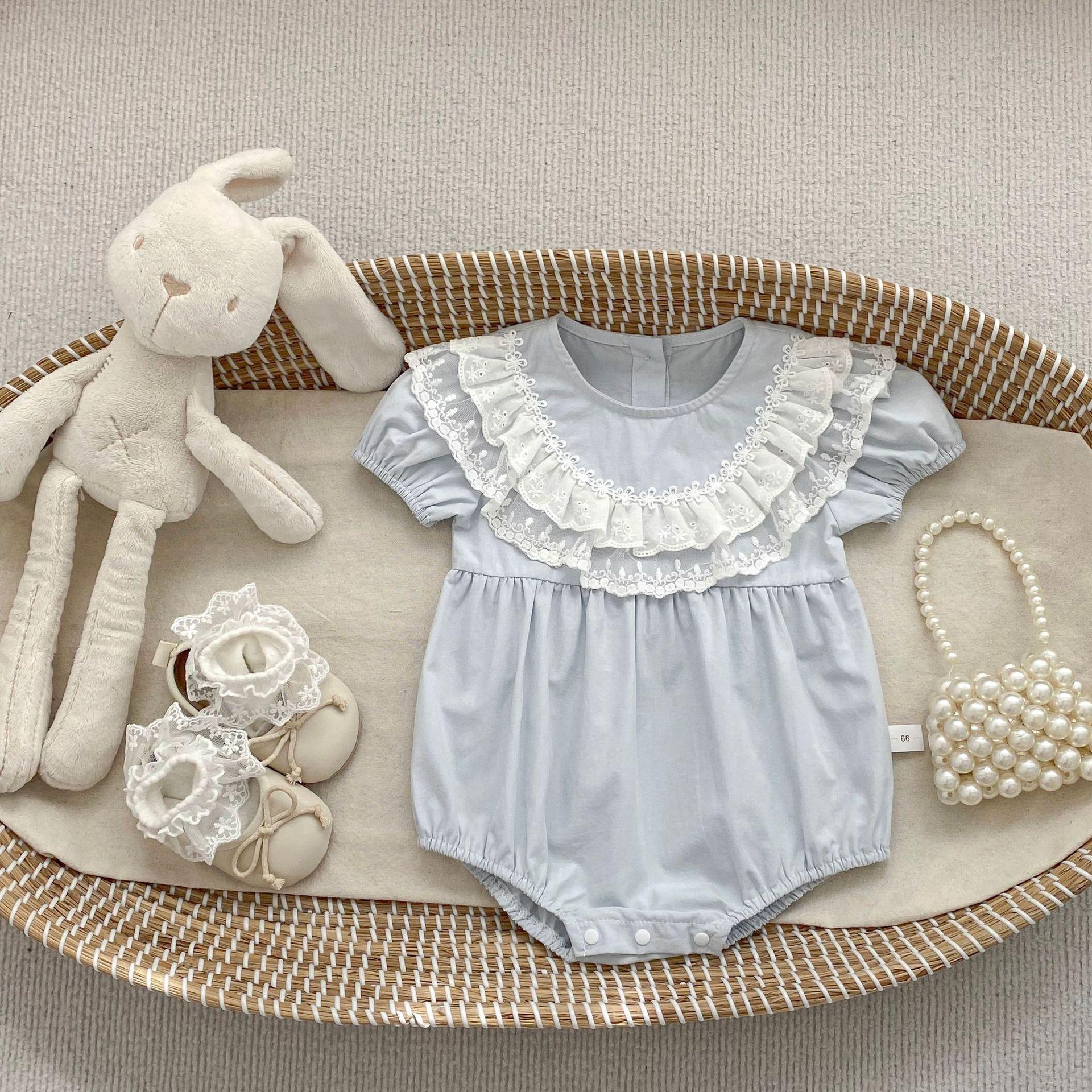 Baby Girl Summer Romper with Puff Sleeves and Sweet Lace Trim 66