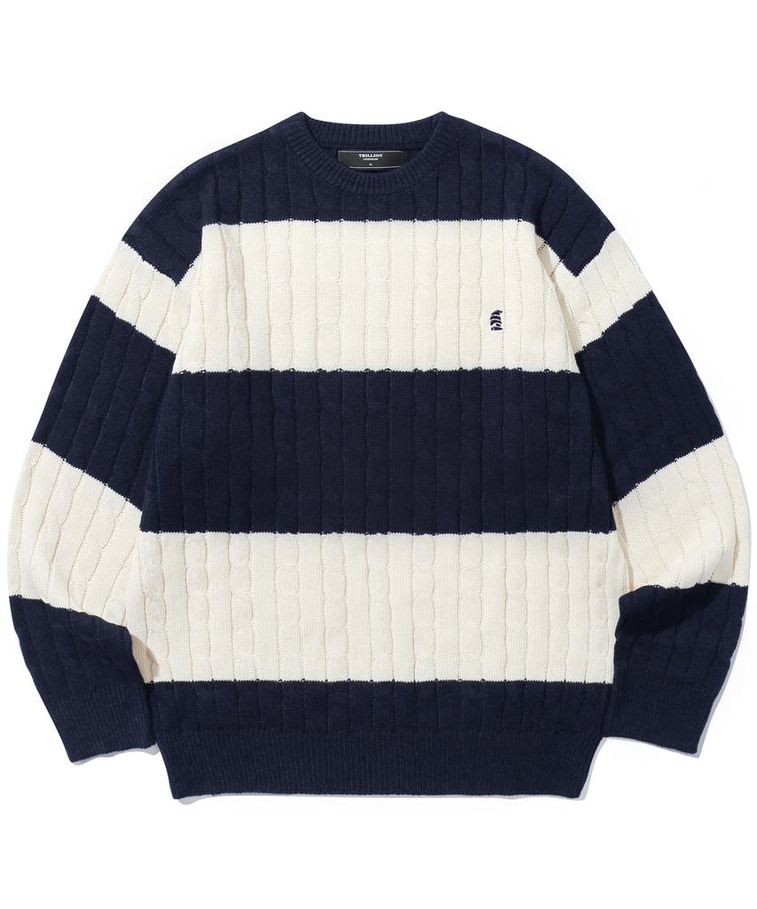 TRILLION Washable Boat Embroidery Cable Crew Neck Knit (Navy Stripe)