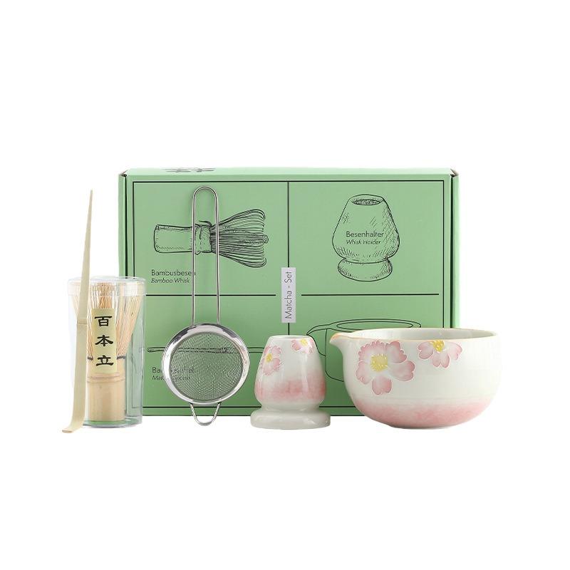 Japanese Hand-Painted Matcha Bowl Set 5-Piece Tea Making Tools With Chasen Stand Hyakuhon Dachi Tea Ceremony Utensils