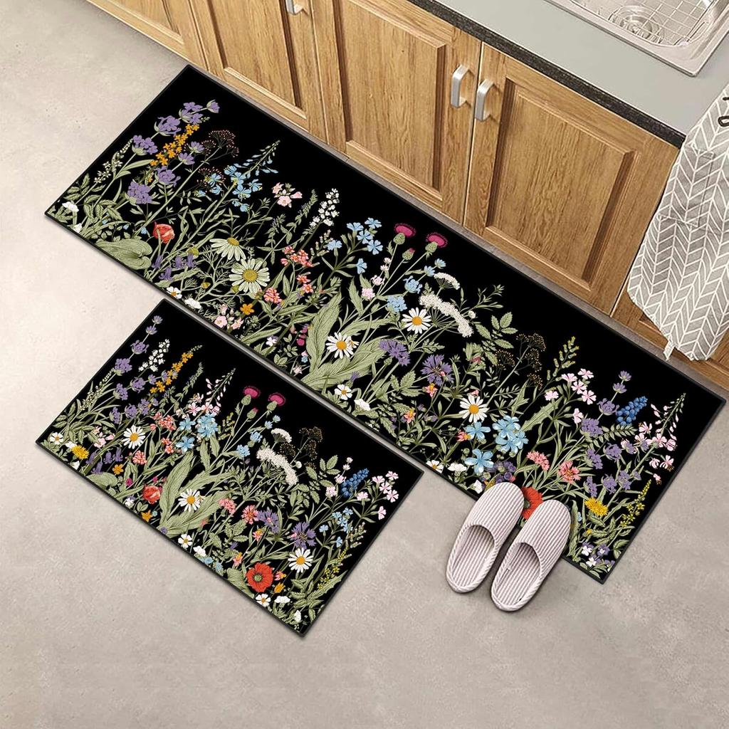 1/2 pcs Multicoloured Floral Kitchen Floor Mat, Soft Non-Slip Washable Long Carpet, Vintage Kitchen Home Decor