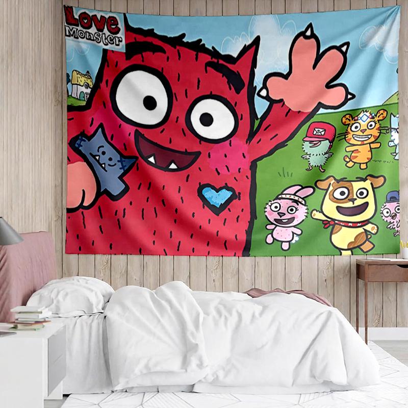 Love Monster Print Tapestry, Backdrop, Easy Setup, Ideal for Bedroom, Office & Living Room, with Aesthetic Wall Hanging Decor.
