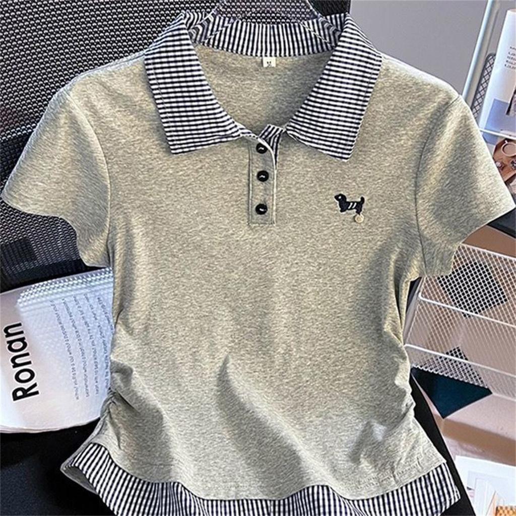 Plaid Splicing Polo Neck Short-sleeved T-shirt Women's Medium and Large 2026 Summer New Slim and Thin Meat Cover Top Ins