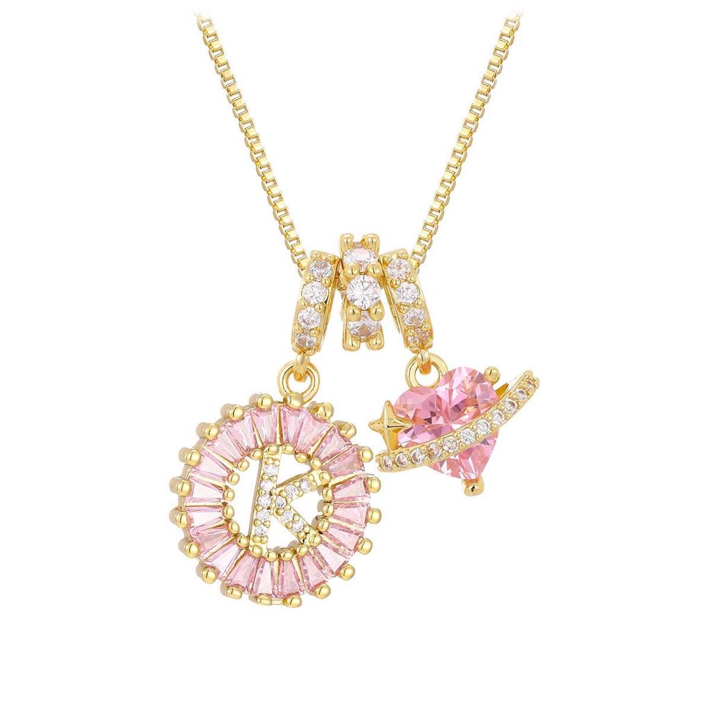 Pink Rock Candy 26-Letter Diamond Necklace with Gold-Plated Zircon and Round Flower Pendant