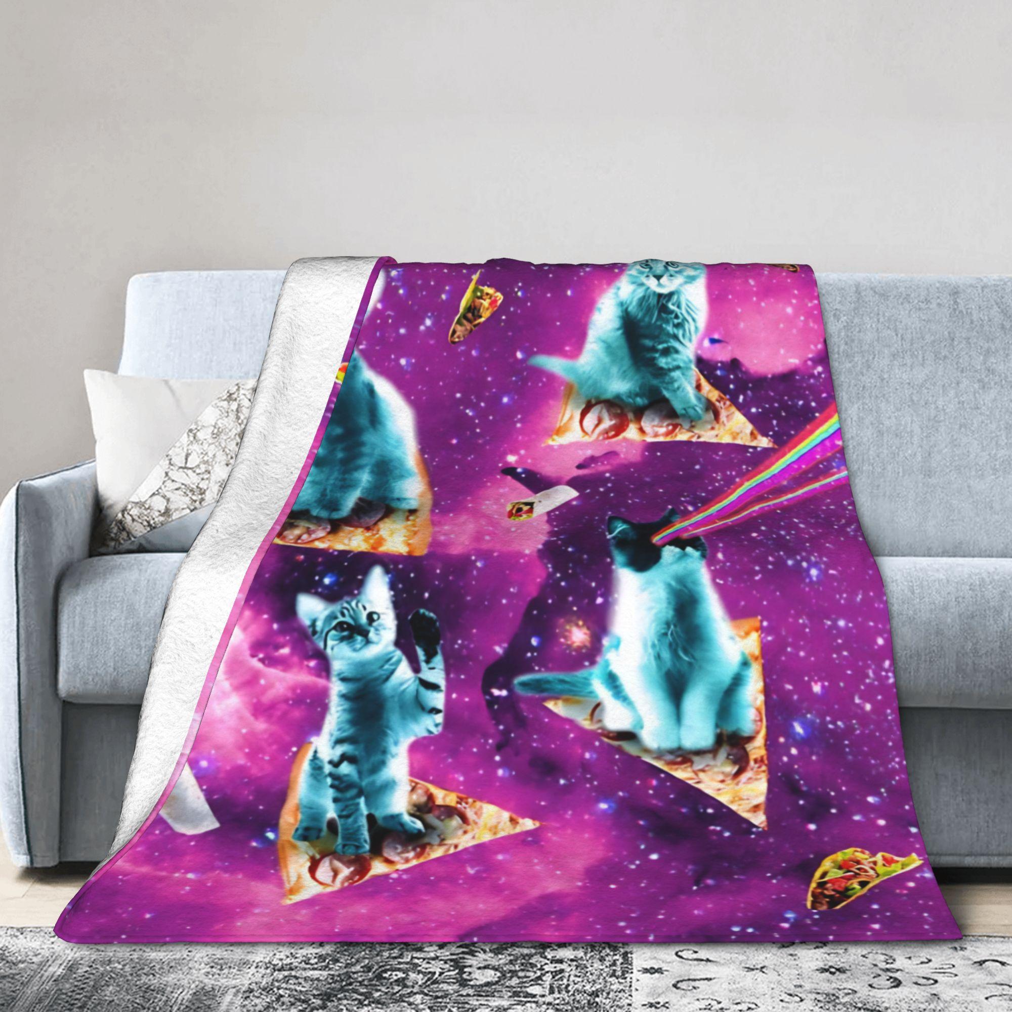 Outer Space Pizza Cat Rainbow Laser Eyes Blanket Flannel Winter Portable Soft Throw Blanket for Bedding 75X95CM