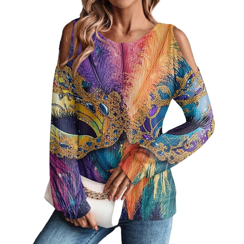 Women's Winter Oversized T-Shirt Fashionable Off-the-Shoulder Round Neck Vintage Floral Print Pullover Long-Sleeved Top