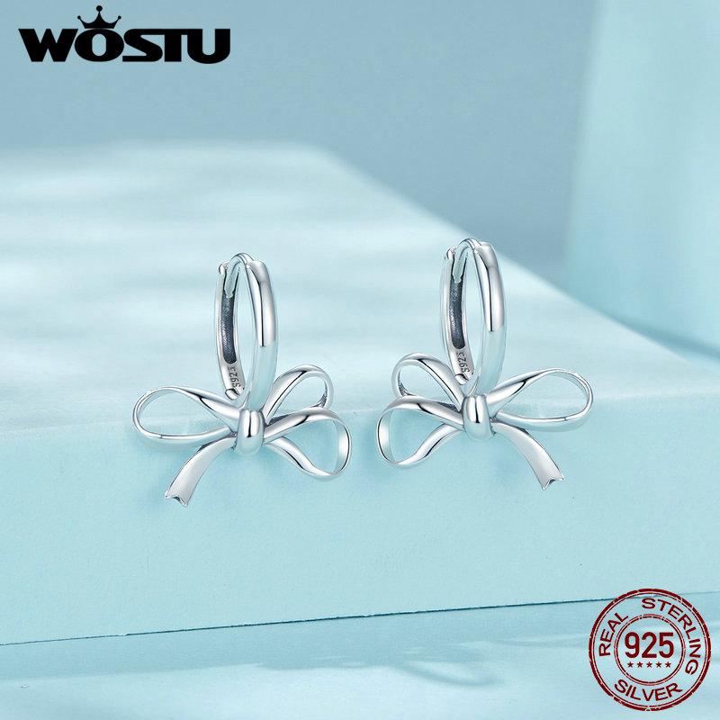 WOSTU 925 Sterling Silver Bow Hoop Earrings Lady Birthday Jewelry Hollow Bow-knot Ear Buckle Euro Korean Student Girl Party Gift