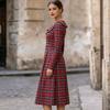 Women's Plaid Long Sleeve Round Neck Midi Dress with Back Zipper for Casual Daily Wear
