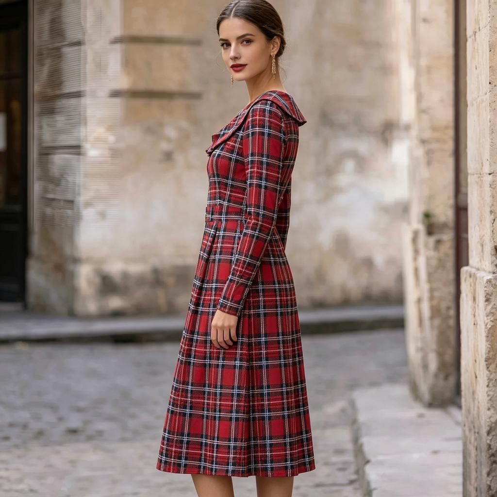 Women's Plaid Long Sleeve Round Neck Midi Dress with Back Zipper for Casual Daily Wear
