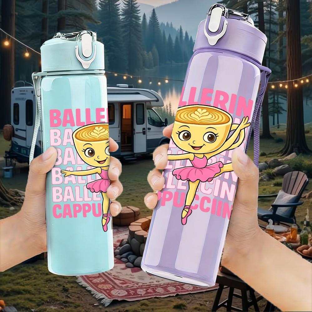 1PC Ballerina Girl Dancing Cartoon Print 750ml Color Plastic Sports Water Bottle Leakproof Flip Straw Lid Suitable for Sports Office Home Use