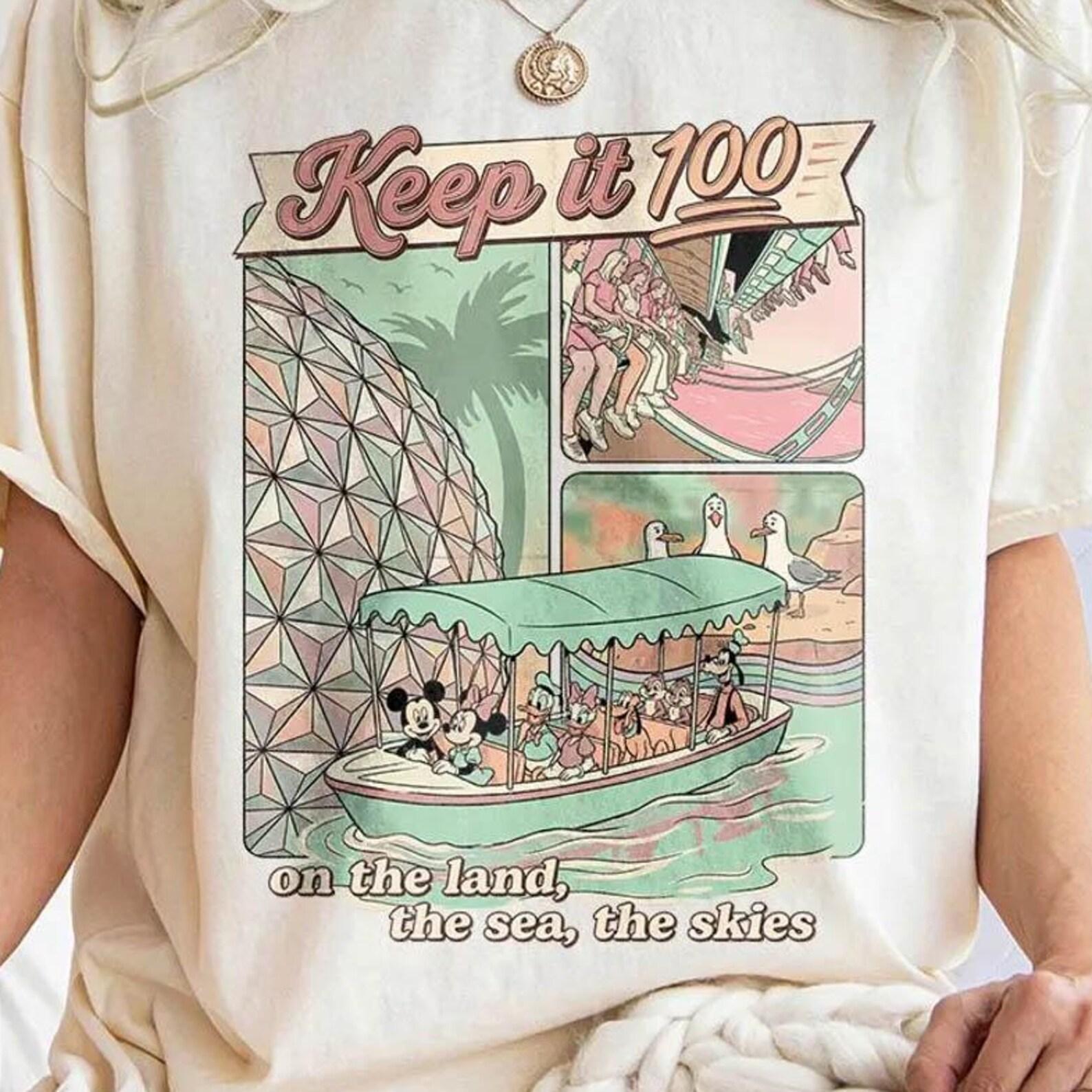 Keep It 100 On The Land The Seas The Skies Shirt, Disney Boat Seagull Tee, Disney Parks with Spaceship Earth T-shirt, Vintage Disney EPCOT S