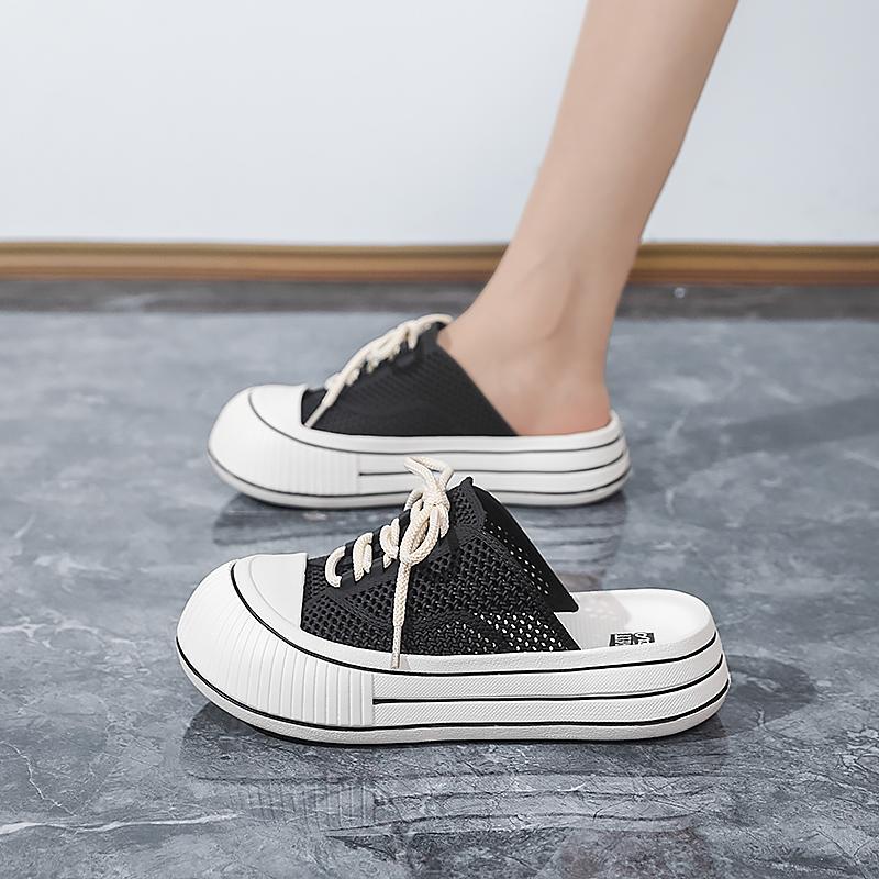 

Comfortable Mesh Breathable Fashionable Half Top Women s Shoes Summer New Sexy Round Head Elegant Thick Bottom Slippers 36-37 чорний