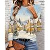 Tricou cu mânecă lungă pentru femei, gât rotund, top casual, casă de sat de iarnă, imprimeu brad de pin, modă de Crăciun, croială largă, cămașă pentru purtare zilnică