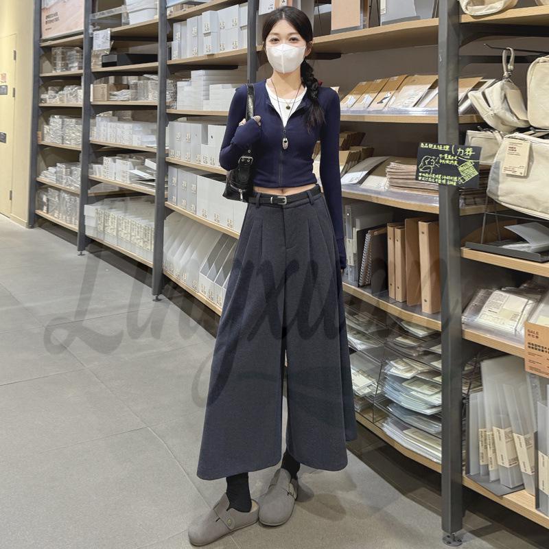 

Autumn Winter 2026 High-Waist Wool Harem Suit Pants with Belt for Women XL темно-синього кольору