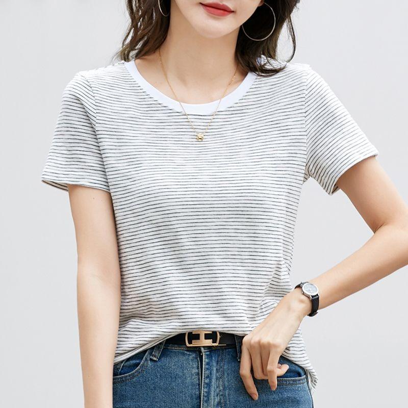 Womens Casual Striped Round Neck Short Sleeve T-Shirt S чёрный