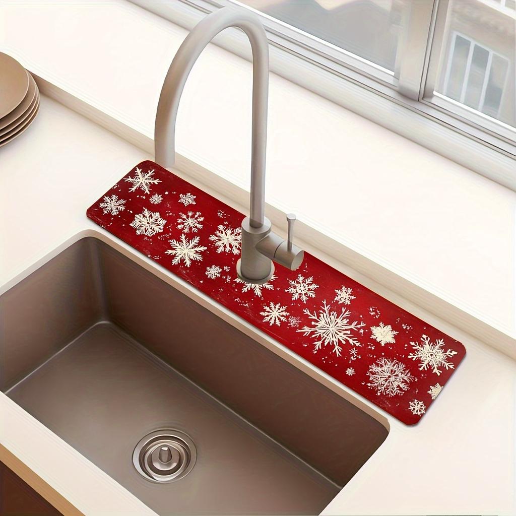 1Pcs Christmas Snow Red Pattern Sink Faucet Absorbent Mat, Drainage Pad, Kitchen Bathroom Sink, Countertop Drain Pad