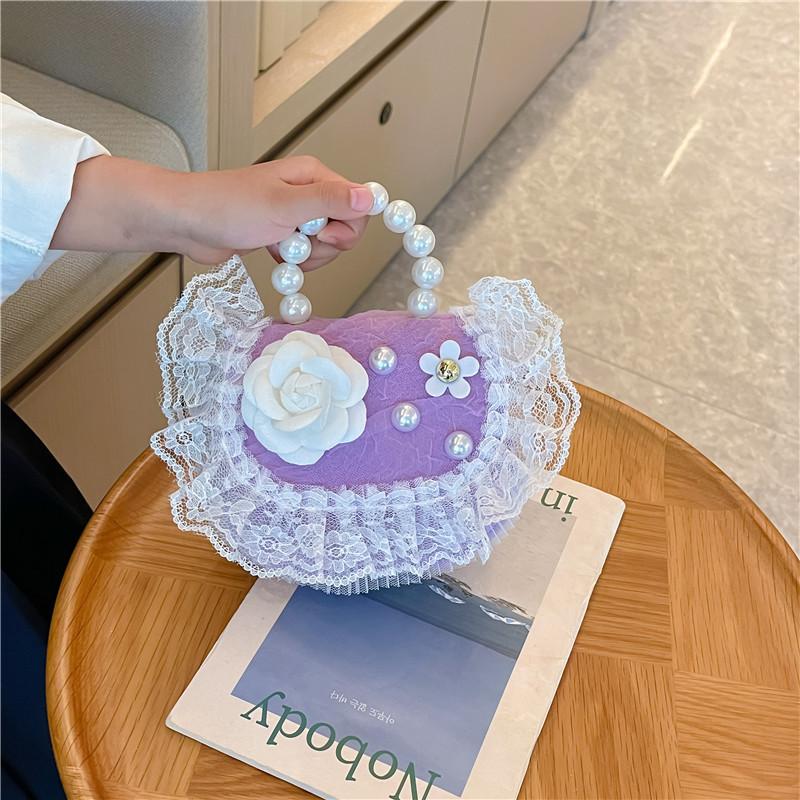 2025 new girls pearl handbag cartoon cute bow princess shoulder bag lace small satchel