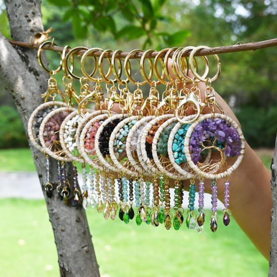 Car Pendant Natural Stone Tree Metal Wire Key Design Durable Chain Car Accessory Bags Backpack Decoration