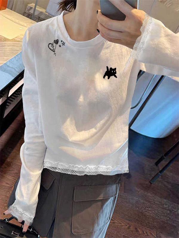 Women's Retro Cartoon Pony Lace Trim Long Sleeve Top