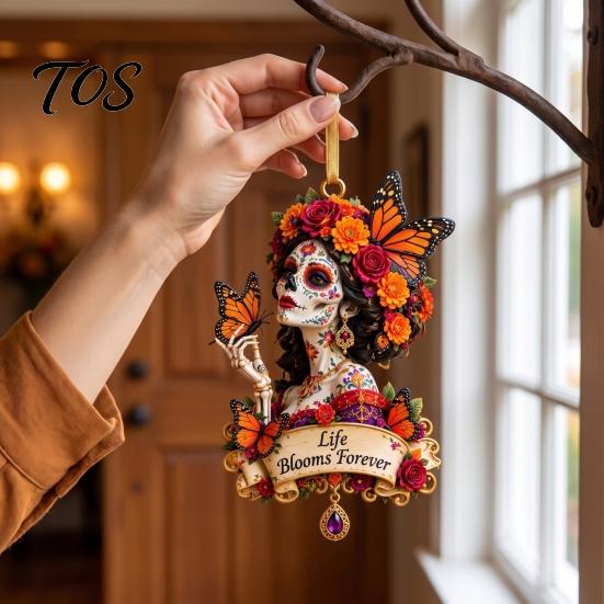 Durable Acrylic Ornaments Day of The Dead Ornament, Mexcian Flower Skeleton Hanging Decoration, Dia Indoor Home Accents De Los Muertos Sugar