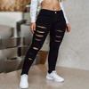 Ladies' Solid Color Casual Pants Versatile Slim Fit Straight Leg Denim Jeans With Holes