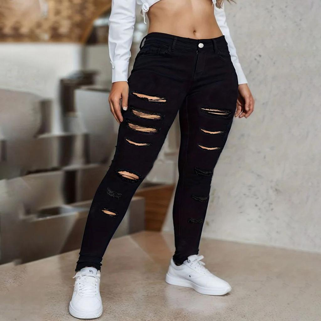 Ladies' Solid Color Casual Pants Versatile Slim Fit Straight Leg Denim Jeans With Holes