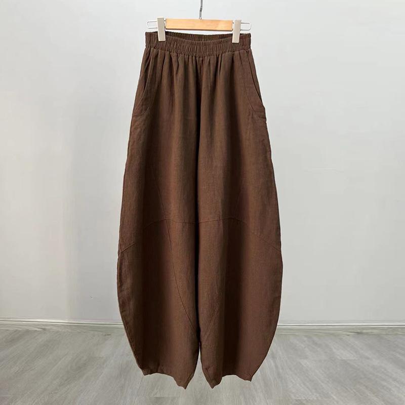 Women's Loose Casual Ramie Lantern Pants - Sand-Washed Distressed Cotton Linen Zen Tai Chi Pants