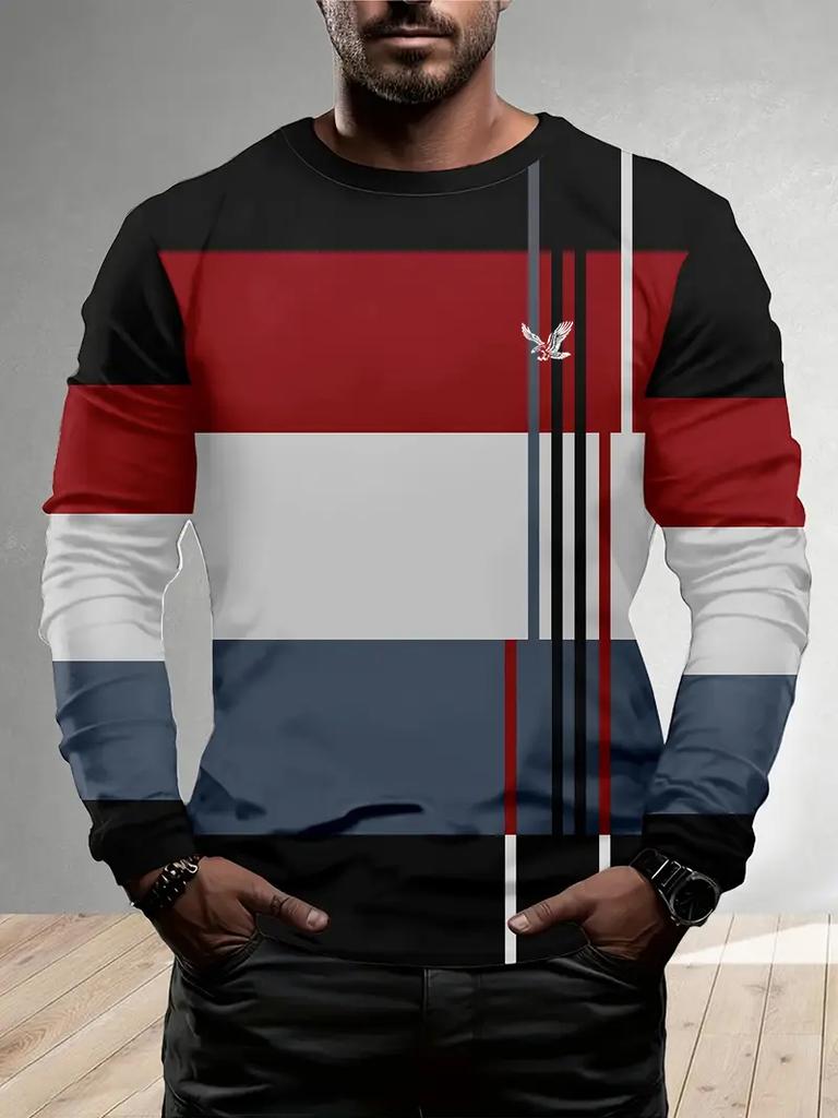 Lässiges 3D-Digitaldruck-Kontrastmuster Herren Langarm-T-Shirt für Frühling und Herbst Outdoor-Bekleidung, bequeme Polyesterfaser