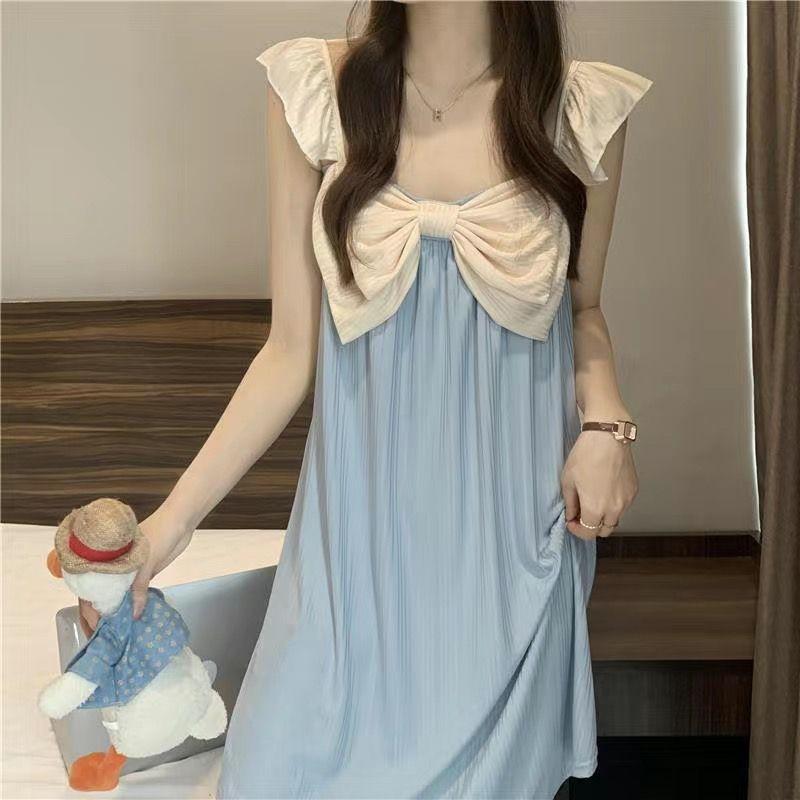 

Летнее платье-пижама с бантом, симпатичная ночная рубашка для девочек, платье для сна без рукавов, тонкое женское ночное платье M
