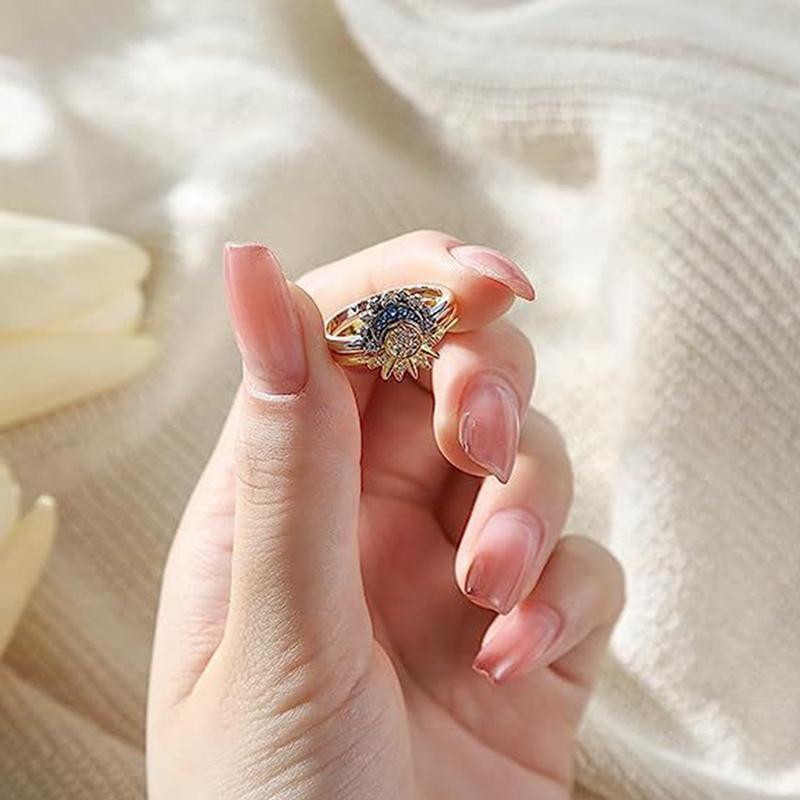 Bague scintillante Riyue 2 pièces/ensemble, bague adaptée aux femmes à porter, bague tendance pour femme, soleil, lune, étoile, zircone cubique, cadeau pour femme