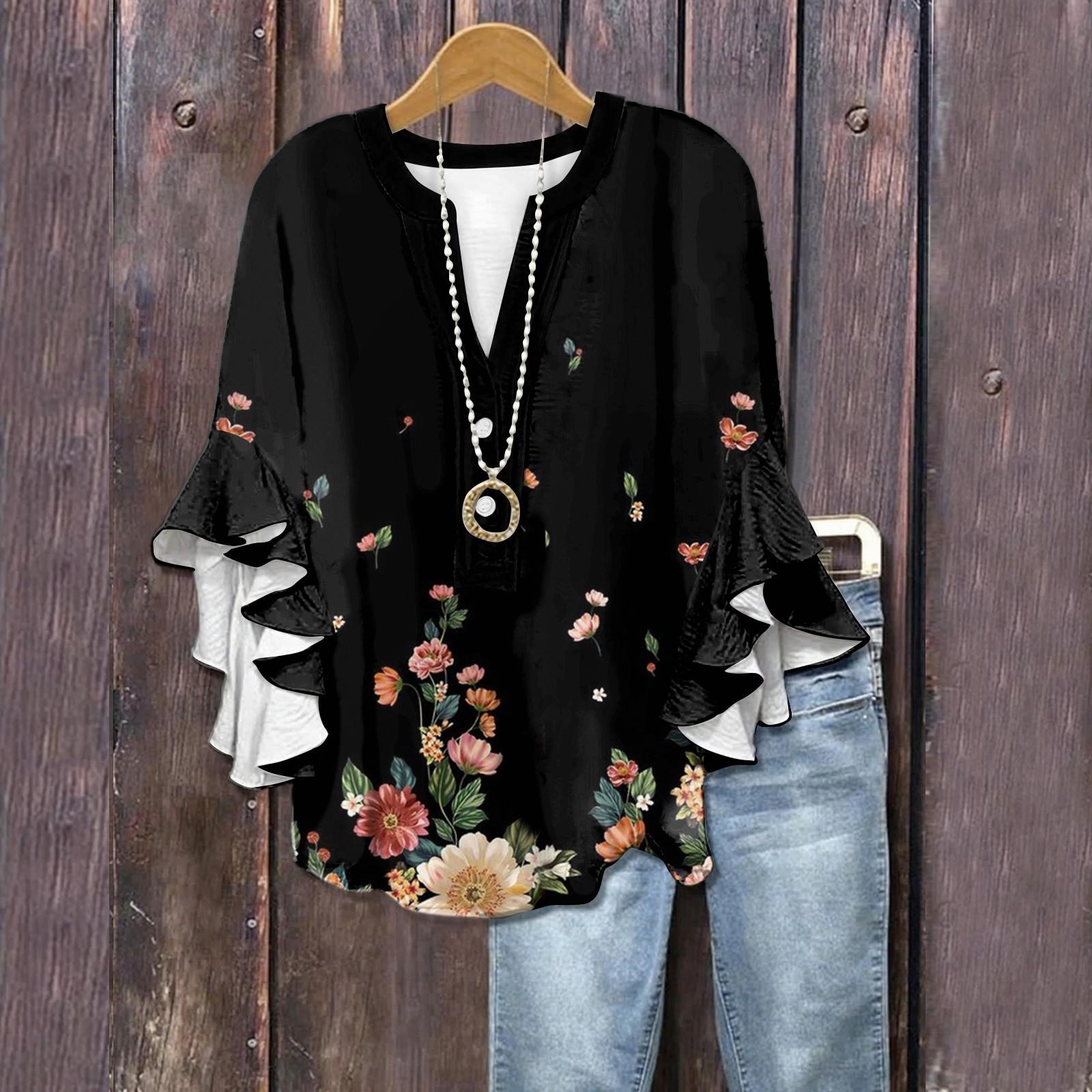 

Летние топы для женщин Милые блузки с V-образным вырезом и рукавом 3/4 Принтованный топ Повседневные рубашки M чёрный