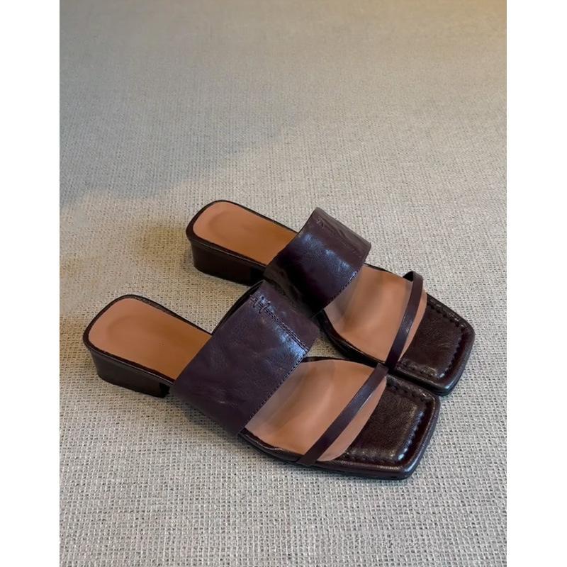 French thick heel square head half drag women's new summer wear retro and beautiful one-word drag Roman sandals are not tired