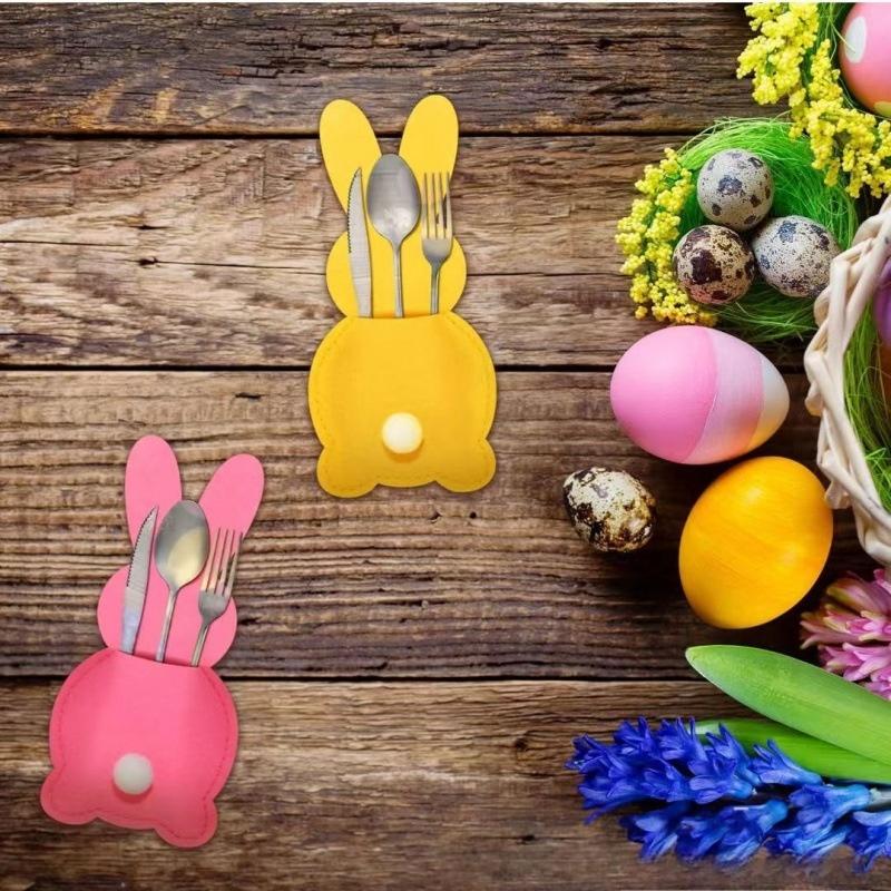 4pcs Easter Rabbit Knife and Fork Mat Felt Festival Knife and Fork Set Table Tableware Decorative Mat